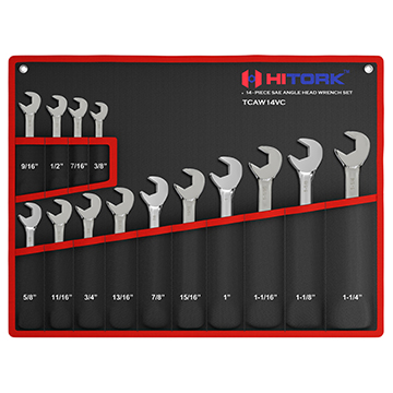 Hitork 14 piece Angle Head Wrench Set with chrome plated CrV steel mirror finish and 15° & 60° offset heads Includes roll up pouch and full range of SAE sizes for home and garage use 14-Piece Angle Wrench