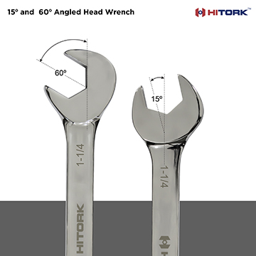 Demonstration of 15° and 60° angled heads reaching fasteners in confined or awkward spaces where flat wrenches can't operate Offset_Angle_Hard_to_Reach