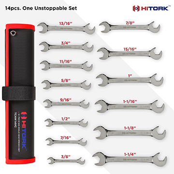 SAE size chart displaying 14 included wrench sizes 3/8" 7/16" 1/2" 9/16" 5/8" 11/16" 3/4" 13/16" 7/8" 15/16" 1" 1 1/16" 1 1/8" and 1 1/4" Ideal for a wide range of household and automotive tasks SAE_Size_Chart_Hitork