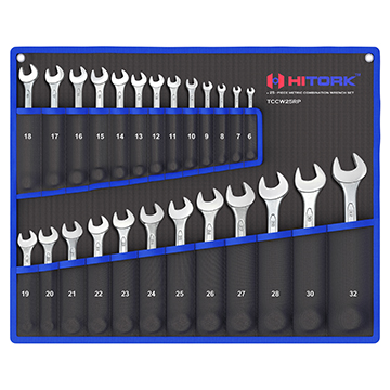 Hitork 25 piece Combination Wrench Set with metric sizes 6 to 32mm chrome vanadium steel mirror chrome finish and 12 point box ends Includes 15° offset heads and roll pouch for home garage and auto repair 24-Piece Combination Wrench Set
