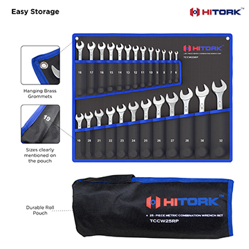 Hitork 25 piece Combination Wrench Set with metric sizes 6 to 32mm chrome vanadium steel mirror chrome finish and 12 point box ends Includes 15° offset heads and roll pouch for home garage and auto repair Roll_Pouch_Feature