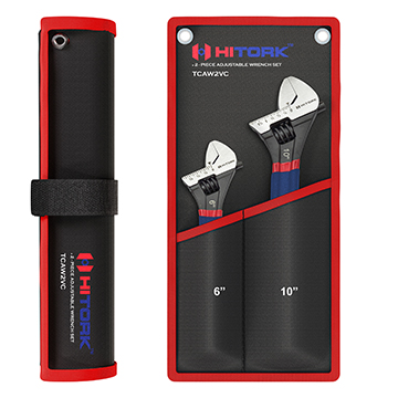 Hitork Adjustable Wrench Set with 6 inch and 10 inch wrenches  made of CRV steel with black phosphate finish  Features ergonomic Dip Sleeve grip handles and comes with a compact roll up storage pouch 2-Piece Adjustable Wrench Set